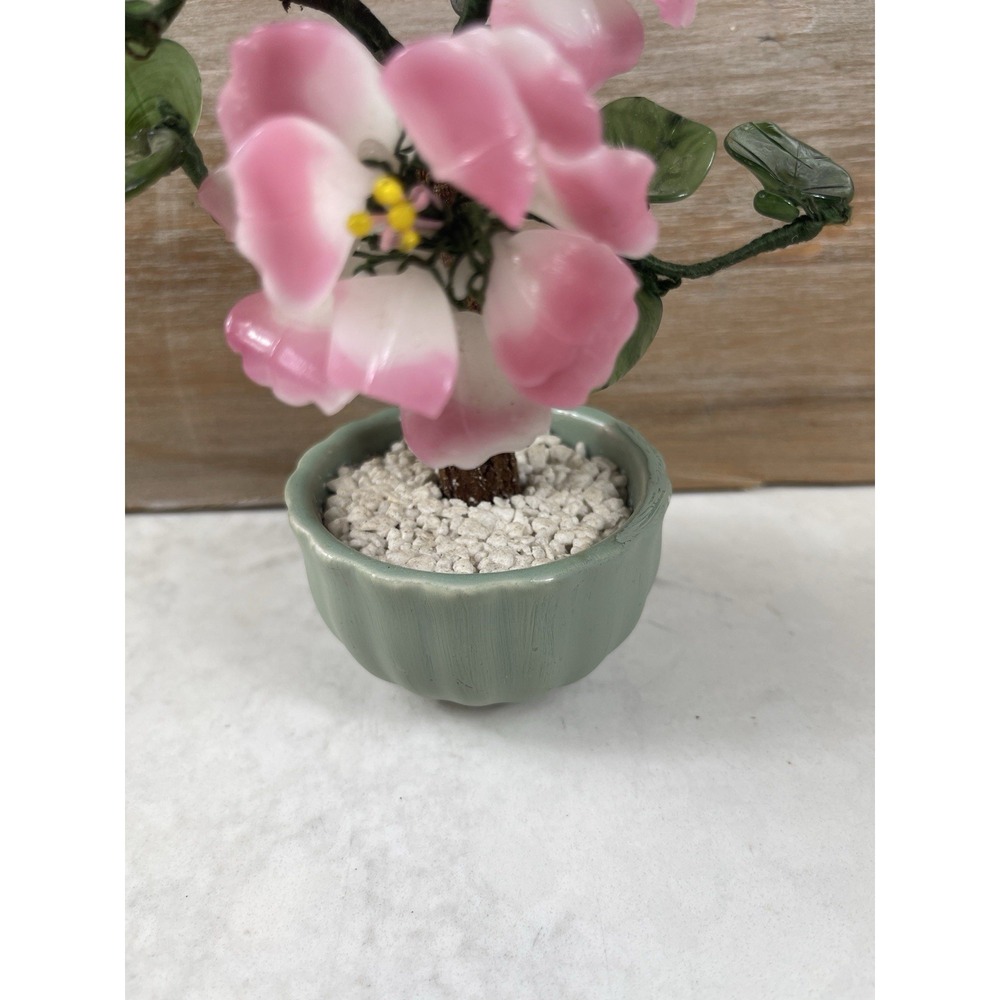 Vintage Chinese Glass Bonsai Tree Celadon Jade Color Pot Agate Quartz Flowers 6" - Picture 4 of 10